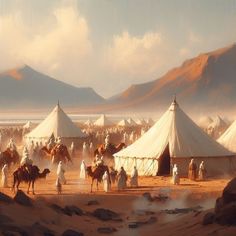 a group of people riding camels across a desert field next to tents with mountains in the background