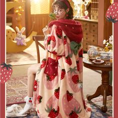 Cuddle Up In The Cutest Comfort Around With This Deliciously Adorable Strawberry Mochi Robe! This Sweet Kawaii-Style Night Robe Is Made With Plush Fabric, Which Is As Cuddly And Cozy As It Is Cute. Plus, You'll Love The Strawberry Hood And Two Front Strawberry Pockets! Stay Comfy And Casual While Looking Cute Af In This Must-Have Robe! Ultra-Soft Plush Fabric Embroidered With Strawberry Patterns And Strawberry Hat Front Pockets Perfect For Slumber Parties, Costume Parties Or Just A Casual, Cozy Mochi Plush, Strawberry Mochi, Plush Robe, Winter Pajamas, Cute Strawberry, Red Strawberry, Strawberry Print, Women's Nightgowns, Wearable Blanket