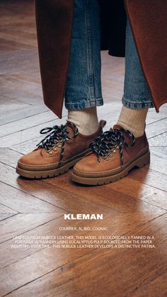 COURRIER_N_BIO_COGNAC⁠ �⁠ Crafted from nubuck leather, this model is ecologically tanned in a Portuguese tannery using eucalyptus pulp sourced from the paper industry. Over time, this nubuck leather develops a distinctive patina.⁠ ⁠ #kleman⁠ #frenchworkwear #heritagestyle #madeinfrance #leathershoes ⁠ Mens Business Casual Outfits, Paper Industry, French Workwear, Mens Business, Mens Life, Rugged Style, Running Trainers, Heritage Fashion, Business Casual Men