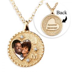 This pendant offers a keepsake that caters to several special occasions! A photo and initials you want on the front plus a space on the reverse side for a personalized text engraving! With your choice of length on a 16", 18" and 20" Perfect for newlywed photos, children, any couple, and family. The back can be engraved with a personalized message. The photo is scratch and water-resistant and comes with a lifetime warranty. NECKLACE INFORMATION SKU: JNCY103629 Metal type and color: Sterling Silve Customizable Heart Pendant Charm Necklace For Anniversary, Custom Engraved Heart Pendant Necklace For Personalized Gift, Personalized Gift Engraved Heart Pendant Necklace, Engraved Round Pendant Name Necklace For Valentine's Day, Personalized Heart Medallion Necklace For Anniversary, Personalized Medallion Heart Necklace For Anniversary, Personalized Engraved Nameplate Heart Necklace, Custom Engraved Necklace For Anniversary On Valentine's Day, Medallion Necklace For Anniversary Gift On Valentine's Day