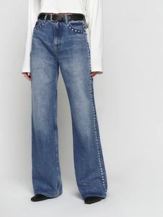 Cary High Rise Slouchy Wide Leg Jeans Studded Jeans, Suede Fringe Jacket, Copenhagen Fashion Week, Embellished Jeans, Runway Trends, Denim Trends, Vintage Inspired Dresses, Spring Trends, Wide Leg Denim