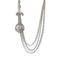 Multistrand Silver Chain Long Drop Tassle Necklace Cabachon Pendant-PETER LANG-Swag Designer Jewelry Long Jeweled Chain Necklace, Luxury Crystal Embellished Metal Necklaces, Luxury Silver Multi-strand Necklace, Luxury Crystal Embellished Metal Necklace, Luxury Silver Multi-strand Jewelry, Silver Rhinestone Long Necklace, Silver Jeweled Round Necklaces, Elegant Necklace With Adjustable Chain For Accessorizing, Silver Jeweled Round Necklace