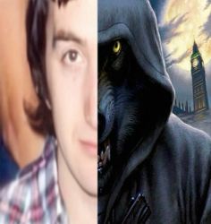 two different pictures one with a man and the other with a wolf's head