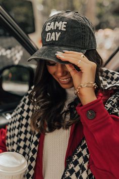 Get game day ready with this trendy baseball cap! - A rounded bill - An adjustable back - Cute sherpa 'GAME DAY' lettering on the front - This piece is perfect for fans of Georgia, Iowa, Texas Tech, Oklahoma State, Vanderbilt, Missouri, and more! Game Day Cap With Letter Print, Game Day Letter Print Cap, Game Day Hats With Letter Print For Baseball Season, Everyday Snapback Baseball Cap With Letter Print, Sporty Baseball Cap For Game Day, Baseball Cap With Letter Print For Fan Gear, Everyday Dad Hat With Letter Print For Baseball Season, Casual Baseball Cap With Letter Patch For Game Day, College Baseball Cap With Letter Print For Baseball Season