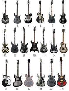 an image of guitars that are all different colors and sizes, with numbers on them