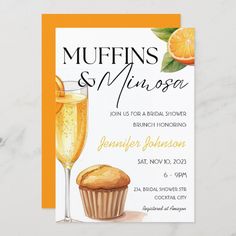 an orange and white card with muffins and wine