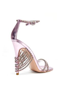 Pink Round Toe Sandals For Prom, Pink Sandals With 4-inch Heel For Evening, Pink Ankle Strap Sandals For Prom, Pink Sandals With Heel Strap For Party, Pink Heel Strap Sandals For Prom, Pink Pointed Toe Sandals For Prom, Pink Pointed Toe Prom Sandals, Glamorous Pink Sandals For Party, Pink High Heel Heels For Prom