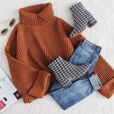 Booties Outfit, Foto Tips, Waffle Knit Sweater, Cute Fall Outfits, Mode Vintage, Mode Inspiration, Fall Winter Outfits