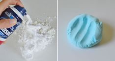 two pictures one is blue and the other has white powder on it with a hand holding a spray bottle