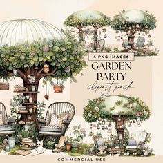 the garden party clipart pack includes chairs, trees, and other things to decorate