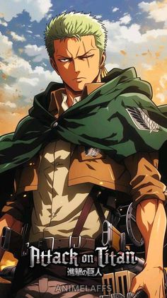 an anime character with blonde hair and green cape holding his hands on his chest, in front of the sky