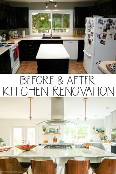 before and after photos of a kitchen remodel with white countertops, black cabinets, and wooden chairs