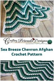 the crocheted afghan pattern is shown in green and white, with two rows of wavy