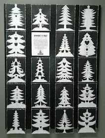 a black and white poster with trees on it's sides, all in different sizes