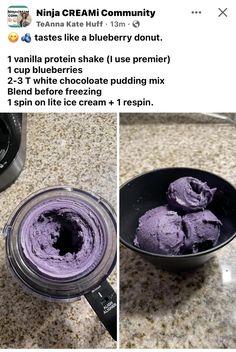 two pictures of purple ice cream in a blender, and one shows how to use it