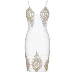 White | Gold Embroidered Strappy Dress Fitted White Dress With Gold Embroidery, White Embroidered Mini Dress For Party, Embroidered Fitted Mini Dress With Spaghetti Straps, White Floral Embroidery Mini Dress For Party, White Party Dress With Gold Embroidery, White Embellished Embroidered Party Dress, Elegant White Dress With Gold Embroidery, Chic White Sleeveless Embroidered Dress, Elegant White Embroidered Mini Dress