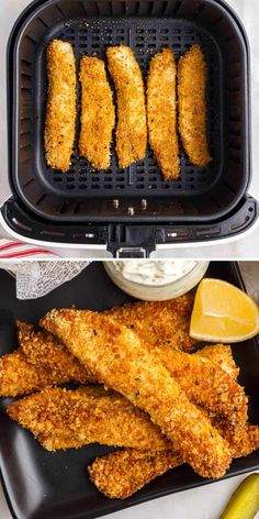 chicken strips and lemon wedges are being cooked in an air fryer for dinner