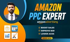 an advertisement for amazon's ppc expert, featuring a man in a suit and tie