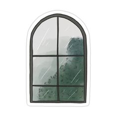 an open window with rain falling down on the windowsill sticker in grey and green