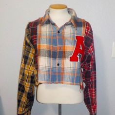 Better Be Brand Clothing Misses Size Large Plaid Cropped Varsity Style Jacket Pieced In Multi-Color And Multi-Plaid Design Red Letter "A" On Left Side Collar Neckline Unfinished Hemline 40% Polyester 40% Acrylic 10% Viscose 10% Wool New With Tags Winter Patchwork Tops For College, Multicolor Long Sleeve Flannel Top, Plaid Patchwork Tops For Fall, Casual Flannel Patchwork Tops For Fall, Spring Crop Tops, Super Crop Top, Ruffle Lace Top, Ribbed Halter Top, Clothing Upcycle