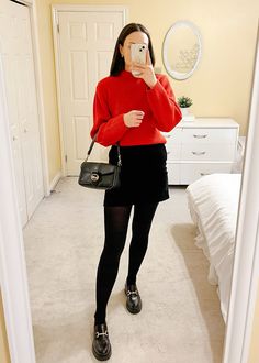 Womens christmas day eve outfit ideas red knit sweater hm blacke velvet mini skirt tights loafers steve madden black shoulder bag coach outlet 2023 winter styles family dinner day pinterest girls asthetic looks Off Shoulder Top Outfit Winter, Red Sweater Christmas Outfit, Christmas Sweater Outfit Ideas For Women, Red Knitted Sweater Outfit, Tights Loafers, Christmas Jumper Outfit, Outfit Ideas Red, Sweater Hm