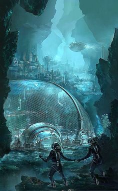 two people are holding hands in front of a futuristic cityscape with an alien like structure