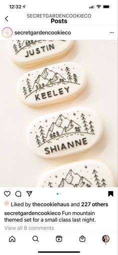 three cookies with the words just in keley printed on them are sitting next to each other