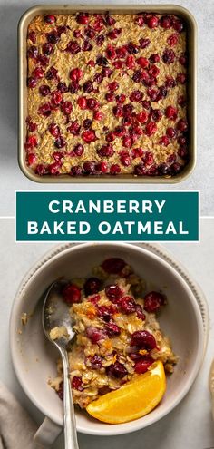 cranberry baked oatmeal in a white bowl with a spoon next to it