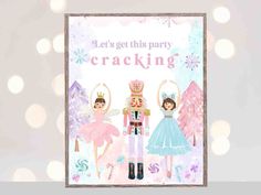 a christmas card with two people dressed as nutcrackers and the words let's get this party cracking