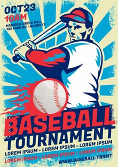 a baseball tournament poster with a man holding a bat in his hand and the words baseball tournament on it