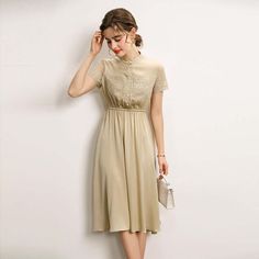 Stand - up Collar Mulberry Silk Dress - SILKSER Elegant Summer Dresses, Silk Dresses, Dress Stand, Khaki Dress, Mid Length Skirts, Silk Material, Mid Length Dresses, Types Of Skirts, Mulberry Silk