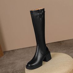 Add a touch of drama to your look with our block heel knee high boots! These stylish boots are made from black leather and are lightweight for all-day comfort. The chunky block heel adds a touch of height. while the knee-high design makes these boots perfect for pairing with skirts and dresses.  <stron... Trendy Leather Knee-high Boots, Black Tall Platform Boots With Wide Calf, Trendy Knee-high Leather Heeled Boots, Trendy Leather Knee-high Heeled Boots, Black Tall Wide Calf Platform Boots, Casual Leather Knee-length Heeled Boots, Trendy Black Full Length Boots, Black Full Length Trendy Boots, Trendy Full Length Black Boots