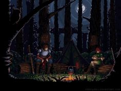 an image of two people sitting in the woods at night with campfire and tent