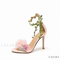 Lasaky - Pink Garden Dream High Heels with Snow Chiffon Flower and Vine Straps Wedding Shoes Floral High Heels, Pink Wedding Shoes, Flower Heels, Heels Patterns, Modern Sandals, Dream High, Floral Heels, Chiffon Flower, Floral Sandals