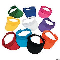 six different colors of visor hats on a white background