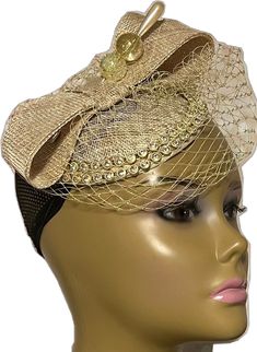 Adjustable Gold Headpieces For Vintage Events, Gold Adjustable Hat For Events, Adjustable Gold Hat For Events, Gold Hat Fascinator For Party, Gold Fascinator Hat For Party, Adjustable Gatsby Style Headpieces For Church, Gold Party Fascinator Hat, Gold Party Hat Fascinator, Gold Vintage Fascinator For Parties