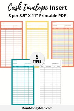 printable cash envelope inserts with text that reads, 5 types and 5 types