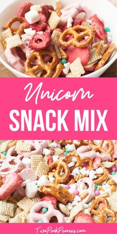 unicorn snack mix in a white bowl with pink and green sprinkles on top