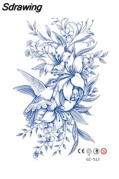 a drawing of flowers and birds on a white background