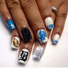 Lions Football Nails, Detroit Lions Nails Ideas, Football Nail Designs Nfl, Football Nails Design, Wire Nail Art