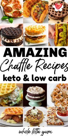 the cover of amazing chaffle recipes keto and low carb desserts, including waffle sandwiches, waffle cakes, wa & more