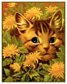 a painting of a kitten peeking out from behind some yellow daisies and green leaves