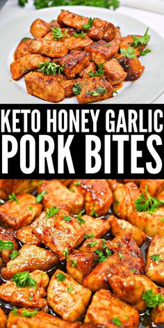 keto honey garlic pork bites on a white plate