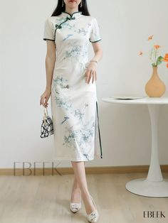 Ebeek - Exquisite Chinese Vintage Floral Print Cheongsam Dress with Split Short Sleeve, Frog Button Mandarin Collar - Womens Fashion attire Cotton Stand Collar Summer Dress, White Summer Cheongsam With Stand Collar, Cotton Summer Dress With Stand Collar, Summer White Cheongsam With Stand Collar, Summer Cheongsam With Floral Print And Stand Collar, Summer Floral Cheongsam With Stand Collar, Casual Fitted Dress With Stand Collar, Spring Floral Print Cheongsam, Summer Green Cheongsam