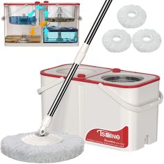 a white and red cleaning machine with two mop heads