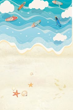 an image of a beach scene with surfboards and starfish