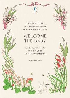 an image of a welcome baby card with flowers and grass in the frame on it