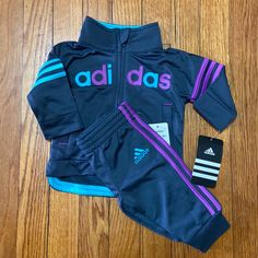 Nwt: Infant Adidas 2 Pc Set In Dark Grey, Purple, And Teal Reborn Clothes, Toddler Adidas, Adidas Set, Adidas Sweats, Boys Joggers, Purple And Teal, Adidas Tracksuit, Adidas Girl, Adidas Kids