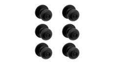 six black door knobs on a white background with the letter e in the middle