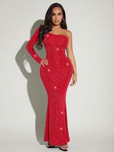 Party Texture Fishtail Long Dress One Shoulder Women's Dress Red Party  Long Sleeve Knitted Fabric Plain Bodycon Medium Stretch Spring Women Clothing, size features are:Bust: ,Length: ,Sleeve Length: Full Sequin Dress, Women Maxi Dresses, Long Sequin Dress, Dress One Shoulder, Red Party, Spring Women, Women Maxi, Mermaid Dress, Kids Sleepwear